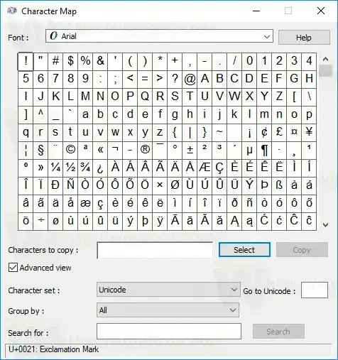 Mapa znaków w systemie Windows 10