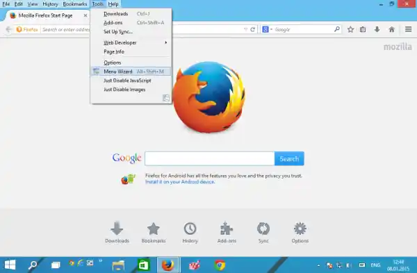 meniu elemento ypatybės firefox meniu vedlys