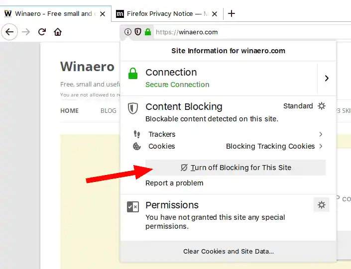 Firefox Content Blocking Disabled Shield