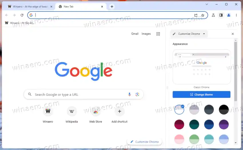 Google Chrome Kohandage külgriba valikuid