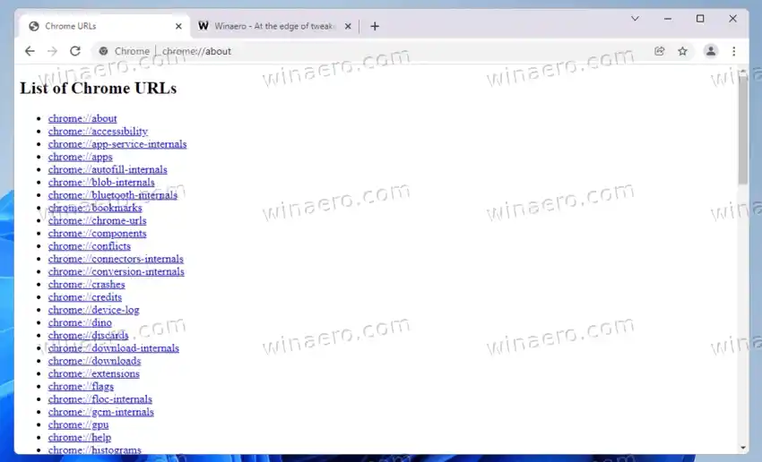 आंतरिक अंतर्निर्मित पृष्ठों के लिए Chrome URL की सूची