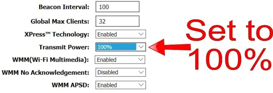 configurações de transmissão de energia do roteador