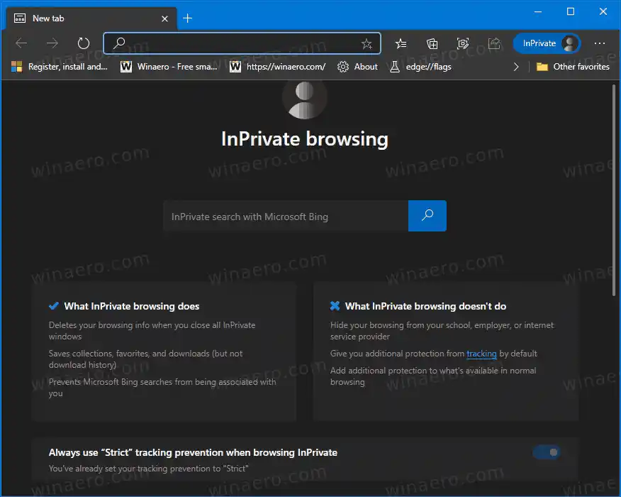 Inaktivera InPrivate-surfning permanent i Microsoft Edge