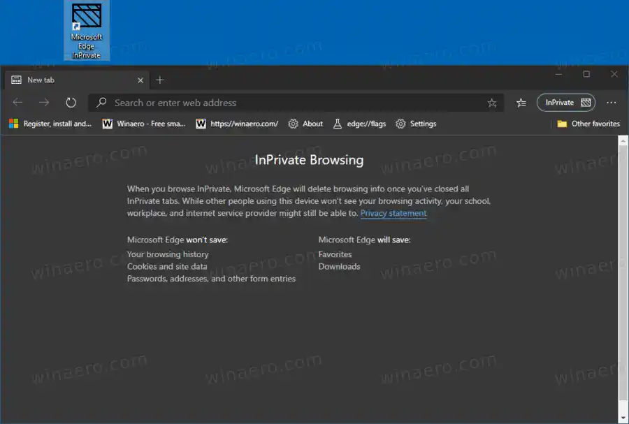 Microsoft Edge InPrivate-snelkoppeling in actie