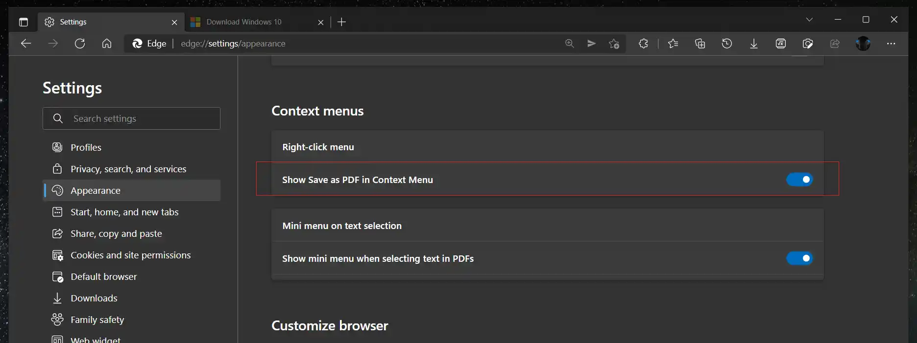 Aktivera kommandot Save as PDF i Microsoft Edge Context Menu