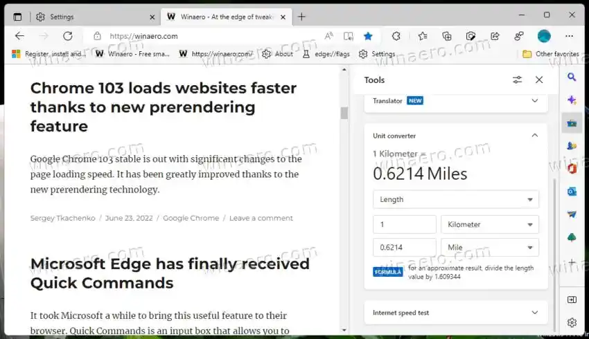 Convertitore di unità degli strumenti della barra laterale Edge