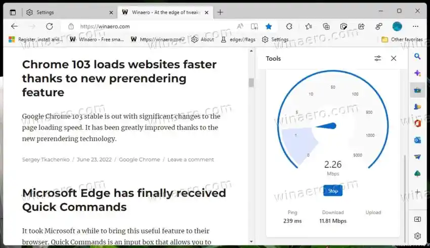 Nástroje postranního panelu Edge Test rychlosti internetu