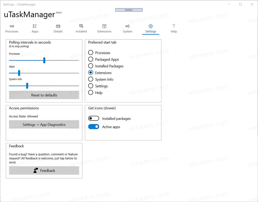 Utaskmanagerin omat asetukset