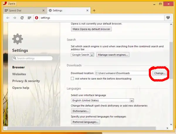 ओपेरा का डाउनलोड स्थान बदलें