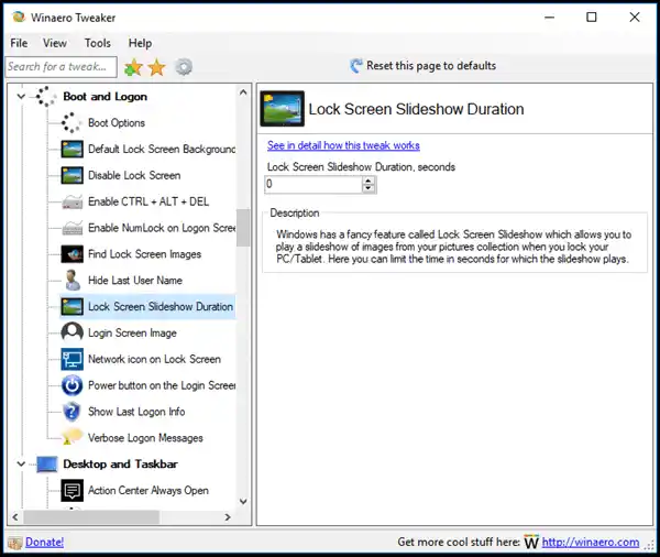 Winaero Tweaker লক স্ক্রীন স্লাইডশো সময়কাল
