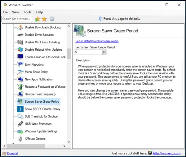 Winaero Tweakeri ekraanisäästja ajapikendusperiood