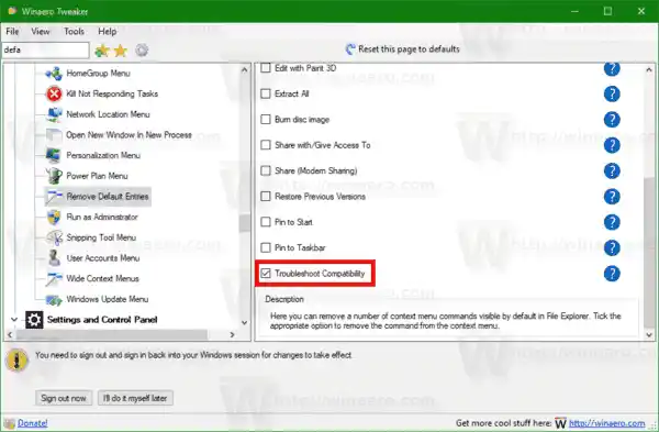 Windows 10 Fejlfinding af kompatibilitetskontekstmenu Winaero Tweaker