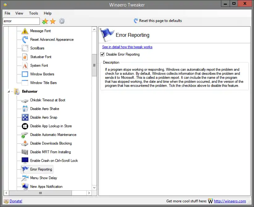 Winaero Tweaker Dezactivează raportarea erorilor