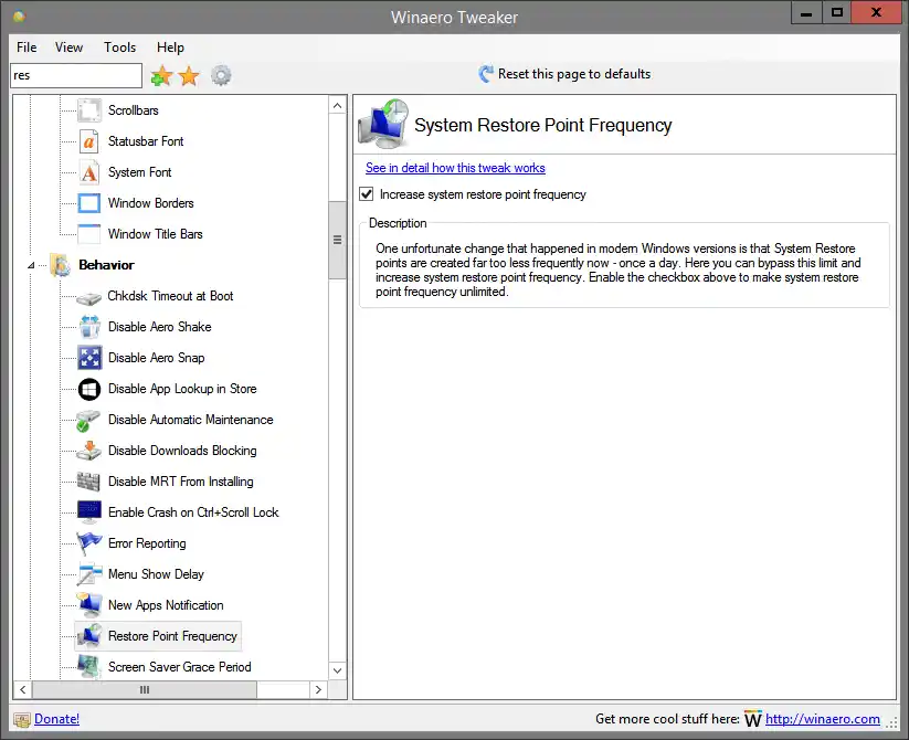 Winaero Tweaker Restore Point Frequency