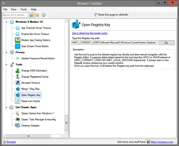 Winaero Tweaker Open Registry Key