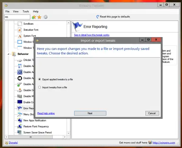 Winaero Tweaker 0.8 излезе с импортиране и експортиране за ощипвания