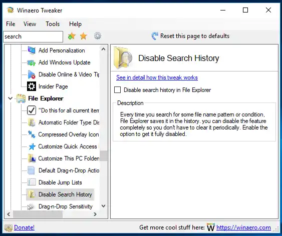 Winaero Tweaker 0.10 Отключить историю поиска