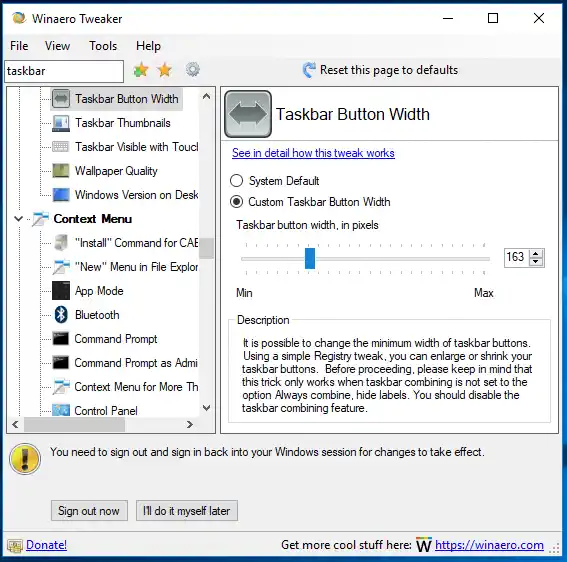 Winaero Tweaker 0.10 Taakbalkknopbreedte