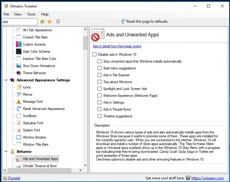 Winaero Tweaker 0.10 Advertenties uitschakelen