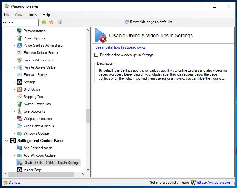 Winaero Tweaker 0.10 Online tips uitschakelen