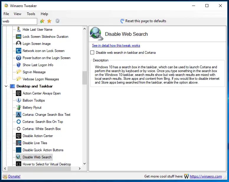 Winaero Tweaker 0.10 Desactiva la cerca web