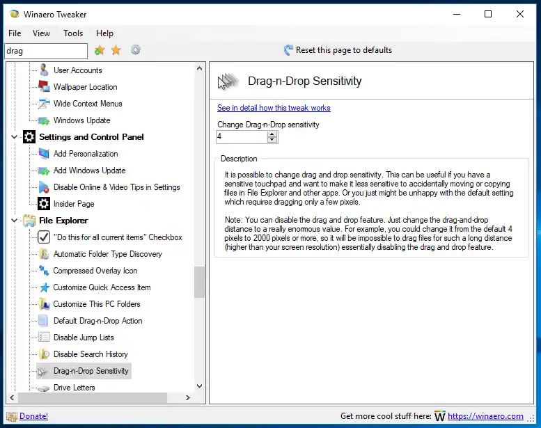 Чувствителност на Winaero Tweaker 0.10 Drag Drop