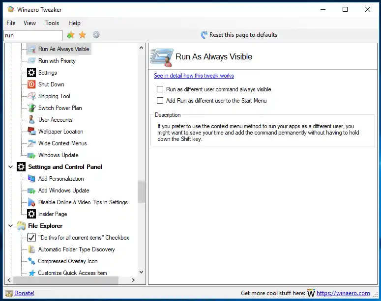 Winaero Tweaker 0.10 Run zoals altijd zichtbaar