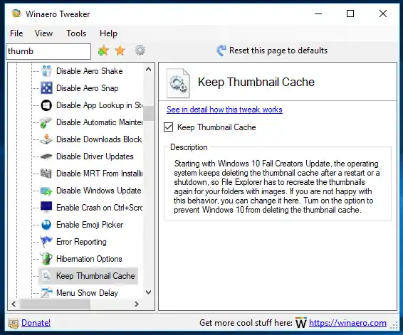 Winaero Tweaker 0.10 Küçük Resim Önbelleği