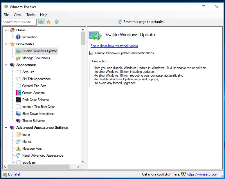 Winaero Tweaker 0.10 Keela Windows Update