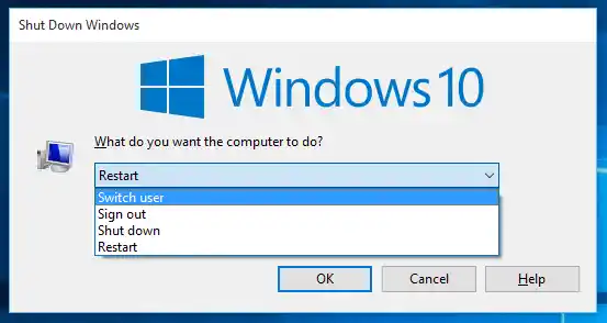 Windows 10 afsluitdialoogvenster schakelt over naar gebruiker