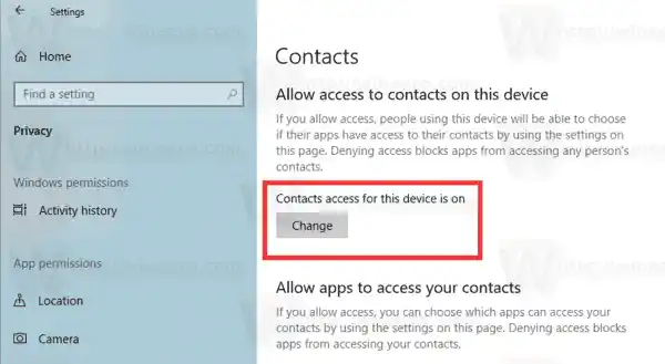 Désactiver l'accès des applications aux contacts dans Windows 10