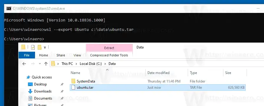 Distribuição WSL de exportação do Windows 10