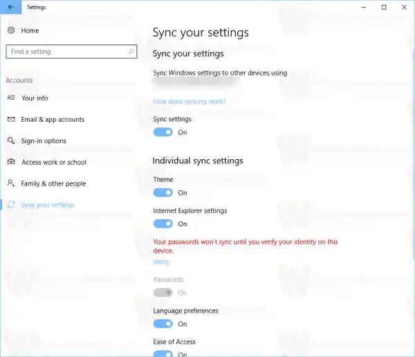 Slå på eller av synkroniseringsinställningar i Windows 10