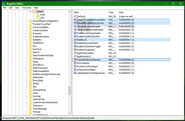 Windows 10 mengubah pengaturan UAC di registri