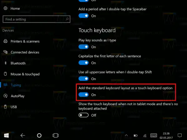 Τυπική διάταξη σε πληκτρολόγιο αφής στα Windows 10