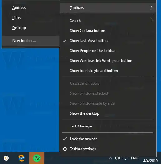 Windows 10 Vytvorte nový panel s nástrojmi