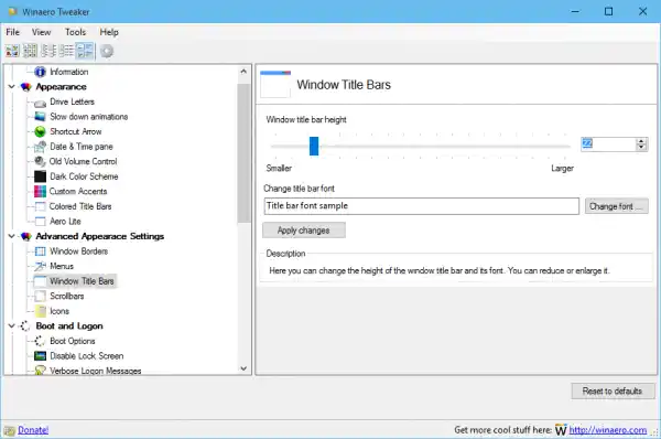 barres de titre par défaut Winaero Tweaker