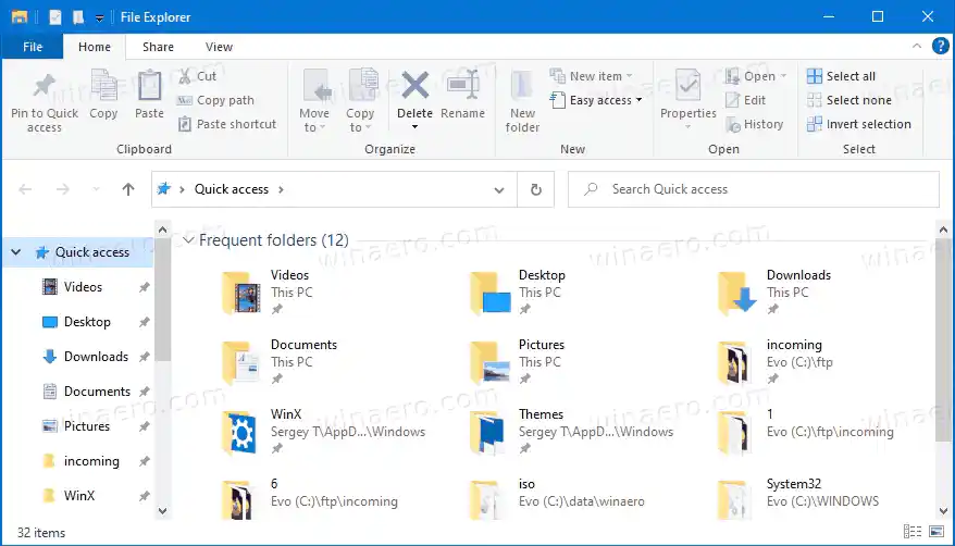 Ponastavite pripete mape za hitri dostop v sistemu Windows 10