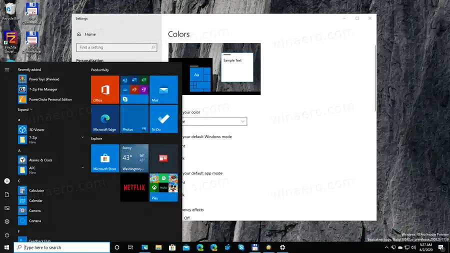 Efectos de transparencia de Windows 10 deshabilitados