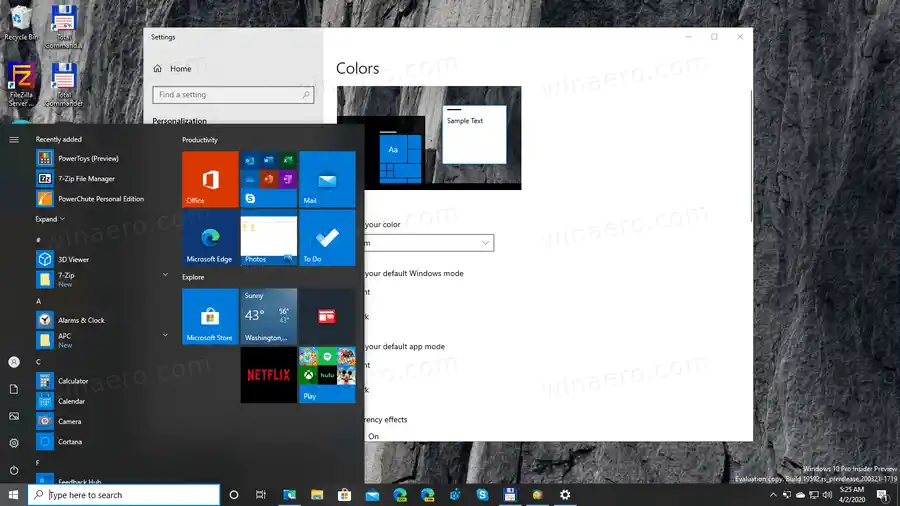 تشغيل أو إيقاف تشغيل تأثيرات الشفافية في نظام التشغيل Windows 10