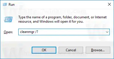 Arguments de ligne de commande Cleanmgr de nettoyage de disque dans Windows 10