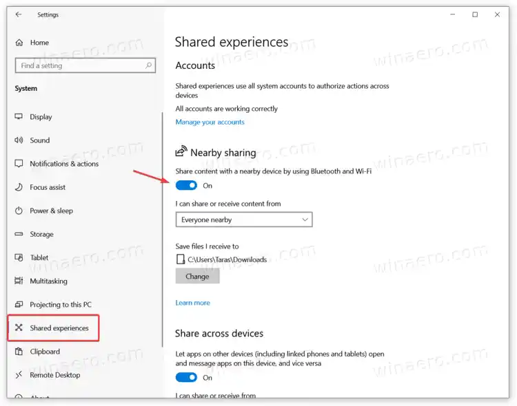 Comparta archivos de forma inalámbrica en Windows 10 usando el uso compartido cercano