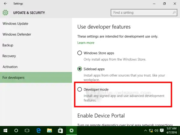 Reparar el modo de desarrollador en Windows 10 Build 17672