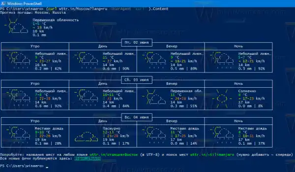 Windows 10 Weer in PowerShell vertaald naar het Russisch