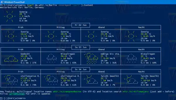 PowerShell-এ Windows 10 আবহাওয়া জার্মান ভাষায় অনুবাদ করা হয়েছে