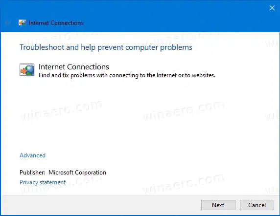 Windows 10 Internet Connection Troublershooter kører