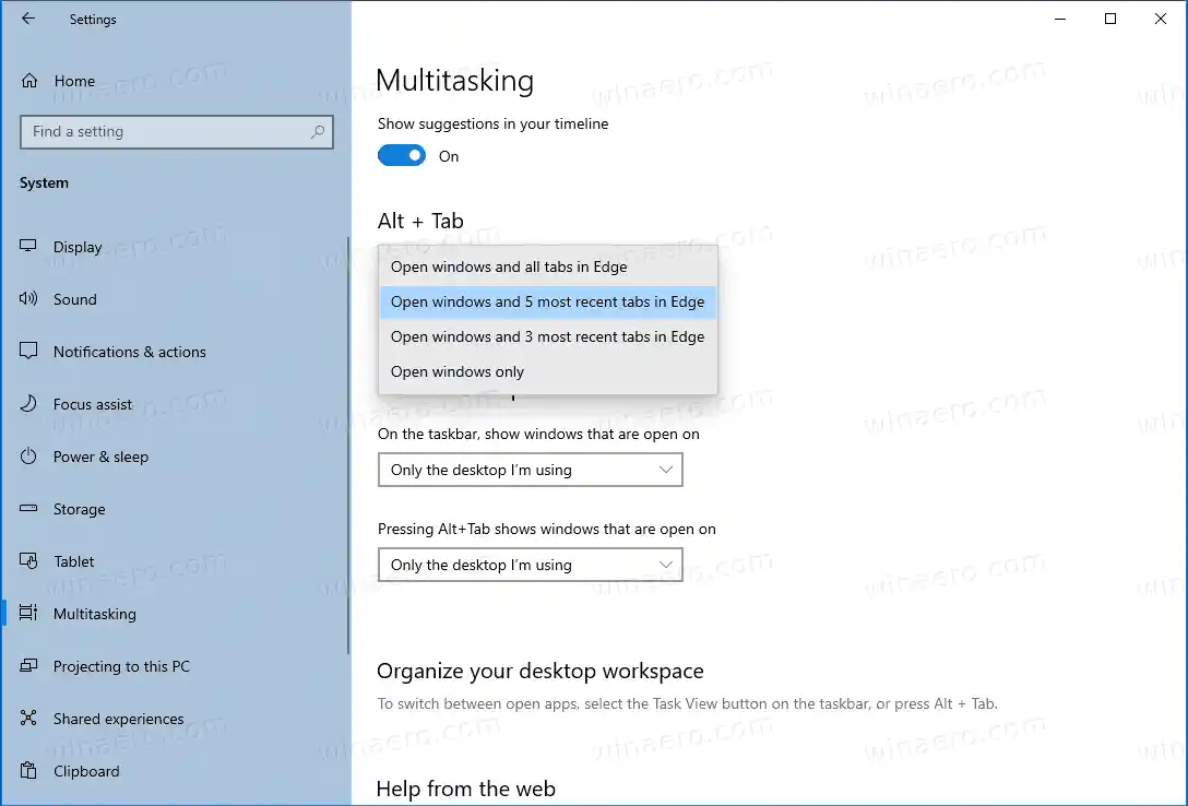 Keelake servavahekaardid Alt+Tab dialoogis Windows 10-s