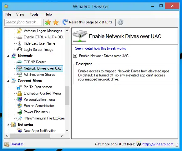 Drivers de rede Winaero Tweaker sobre UAC