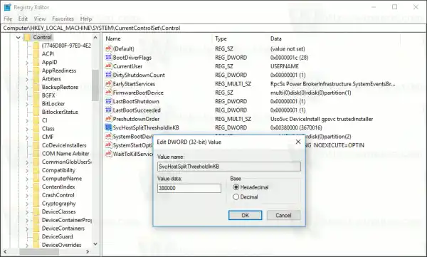 Svchost Split Threshold Registry Standardværdi