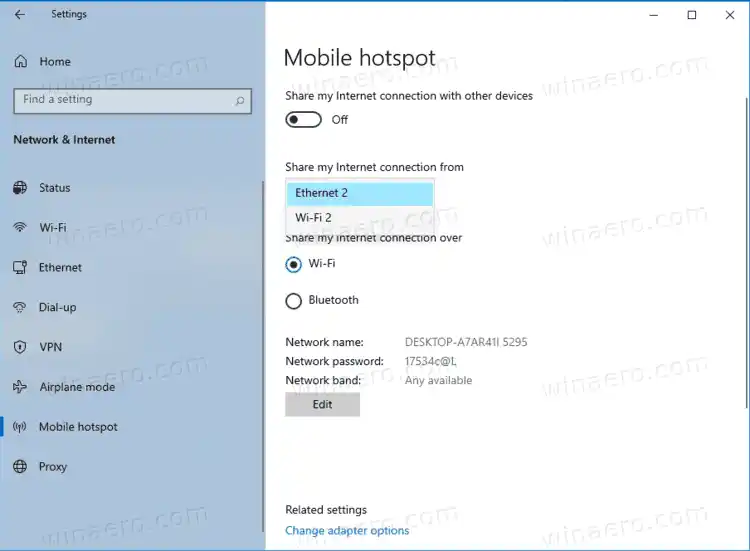 Gi nytt navn til mobilt hotspot og endre passord og bånd i Windows 10